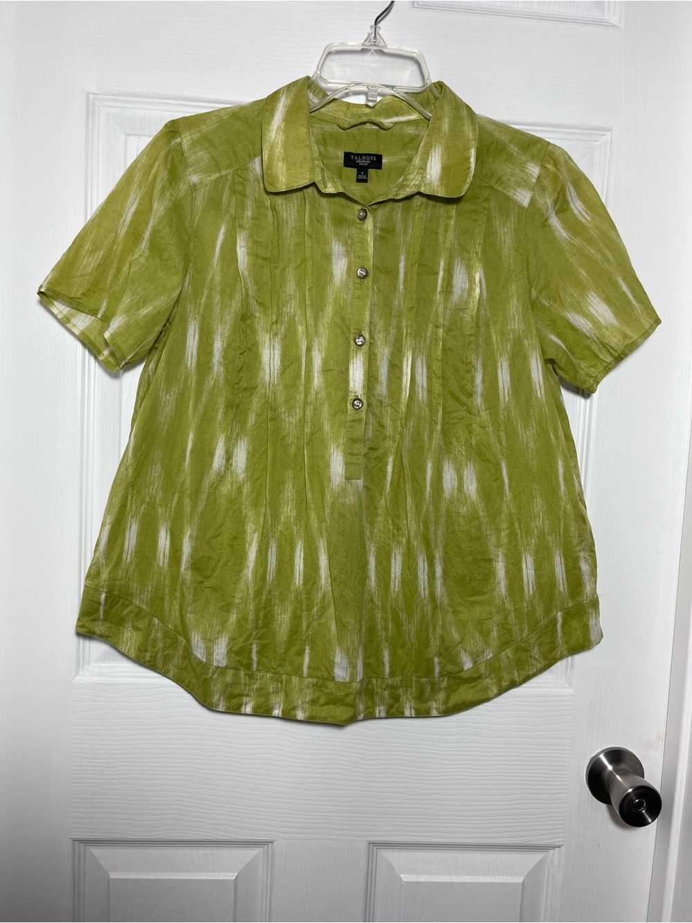 Talbots Olive Green Short-Sleeve Henley Style Blouse with White Brushstrokes